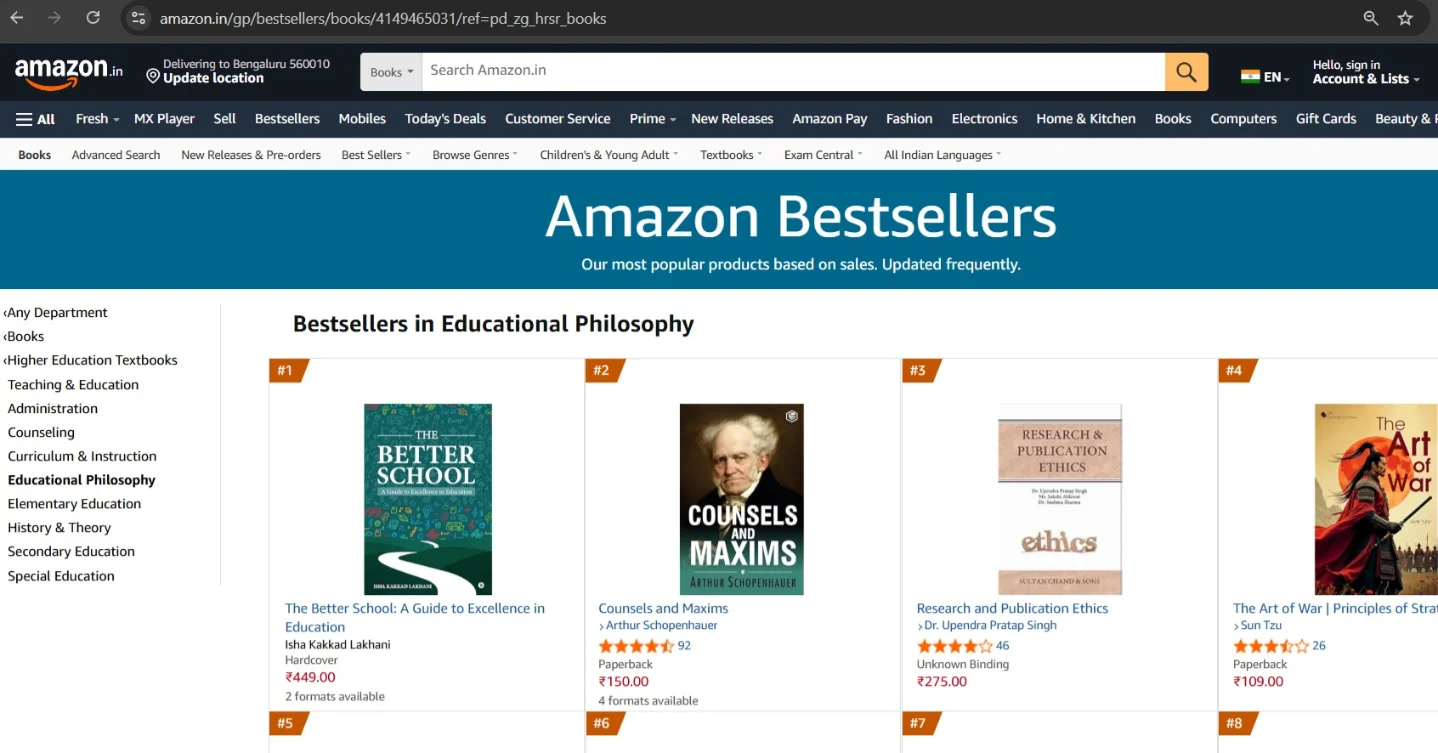 Amazon India screenshot showing The Better School at number one in Bestsellers in Educational Philosophy