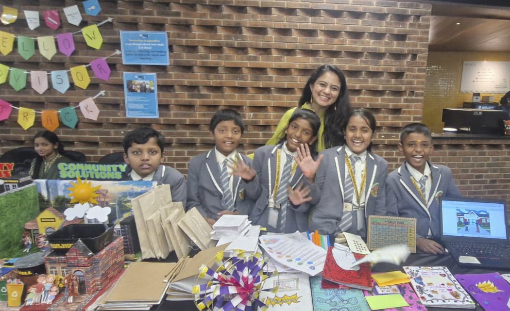 Isha Kakkad Lakhani with learners and their projects at Teach For India InspirED in Bengaluru