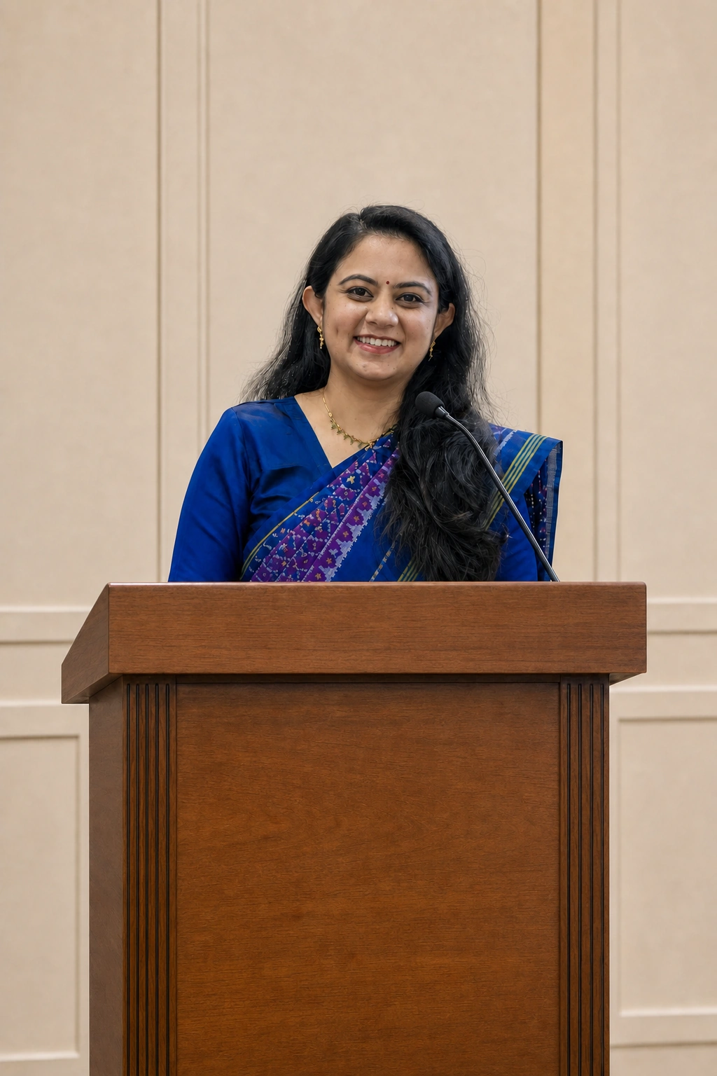 Isha Kakkad Lakhani speaking from a teak podium